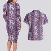 Hawaii Vintage Violet Hibiscus Tapa Pattern Couples Matching Long Sleeve Bodycon Dress and Hawaiian Shirt LT05 - Polynesian Pride