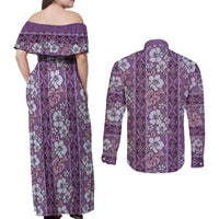 Hawaii Vintage Violet Hibiscus Tapa Pattern Couples Matching Off Shoulder Maxi Dress and Long Sleeve Button Shirt