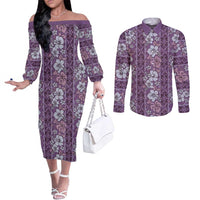 Hawaii Vintage Violet Hibiscus Tapa Pattern Couples Matching Off The Shoulder Long Sleeve Dress and Long Sleeve Button Shirt