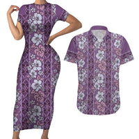 Hawaii Vintage Violet Hibiscus Tapa Pattern Couples Matching Short Sleeve Bodycon Dress and Hawaiian Shirt LT05 Violet - Polynesian Pride