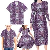 Hawaii Vintage Violet Hibiscus Tapa Pattern Family Matching Long Sleeve Bodycon Dress and Hawaiian Shirt LT05 - Polynesian Pride