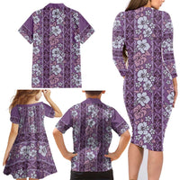 Hawaii Vintage Violet Hibiscus Tapa Pattern Family Matching Long Sleeve Bodycon Dress and Hawaiian Shirt LT05 - Polynesian Pride