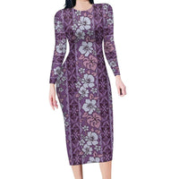 Hawaii Vintage Violet Hibiscus Tapa Pattern Family Matching Long Sleeve Bodycon Dress and Hawaiian Shirt LT05 Mom's Dress Violet - Polynesian Pride