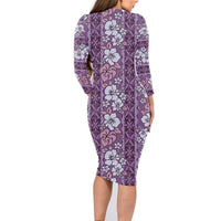 Hawaii Vintage Violet Hibiscus Tapa Pattern Family Matching Long Sleeve Bodycon Dress and Hawaiian Shirt LT05 - Polynesian Pride