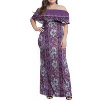 Hawaii Vintage Violet Hibiscus Tapa Pattern Family Matching Off Shoulder Maxi Dress and Hawaiian Shirt LT05 Mom's Dress Violet - Polynesian Pride