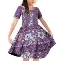 Hawaii Vintage Violet Hibiscus Tapa Pattern Family Matching Off Shoulder Short Dress and Hawaiian Shirt LT05 Daughter's Dress Violet - Polynesian Pride