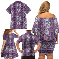 Hawaii Vintage Violet Hibiscus Tapa Pattern Family Matching Off Shoulder Short Dress and Hawaiian Shirt LT05 - Polynesian Pride