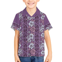 Hawaii Vintage Violet Hibiscus Tapa Pattern Family Matching Off Shoulder Short Dress and Hawaiian Shirt LT05 Son's Shirt Violet - Polynesian Pride