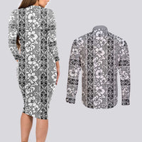Hawaii Vintage Gray Hibiscus Tapa Pattern Couples Matching Long Sleeve Bodycon Dress and Long Sleeve Button Shirt