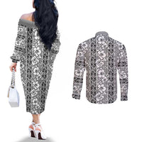 Hawaii Vintage Gray Hibiscus Tapa Pattern Couples Matching Off The Shoulder Long Sleeve Dress and Long Sleeve Button Shirt