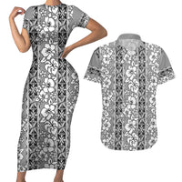 Hawaii Vintage Gray Hibiscus Tapa Pattern Couples Matching Short Sleeve Bodycon Dress and Hawaiian Shirt LT05 Gray - Polynesian Pride