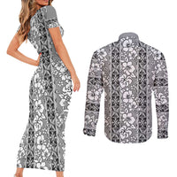 Hawaii Vintage Gray Hibiscus Tapa Pattern Couples Matching Short Sleeve Bodycon Dress and Long Sleeve Button Shirt