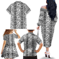 Hawaii Vintage Gray Hibiscus Tapa Pattern Family Matching Off The Shoulder Long Sleeve Dress and Hawaiian Shirt LT05 - Polynesian Pride