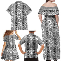 Hawaii Vintage Gray Hibiscus Tapa Pattern Family Matching Off Shoulder Maxi Dress and Hawaiian Shirt LT05 - Polynesian Pride