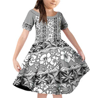 Hawaii Vintage Gray Hibiscus Tapa Pattern Family Matching Off Shoulder Short Dress and Hawaiian Shirt LT05 Daughter's Dress Gray - Polynesian Pride