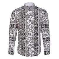 Hawaii Vintage Gray Hibiscus Tapa Pattern Family Matching Off Shoulder Short Dress and Hawaiian Shirt LT05 Dad's Shirt - Long Sleeve Gray - Polynesian Pride