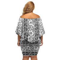 Hawaii Vintage Gray Hibiscus Tapa Pattern Family Matching Off Shoulder Short Dress and Hawaiian Shirt LT05 - Polynesian Pride