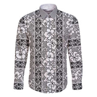 Hawaii Vintage Gray Hibiscus Tapa Pattern Family Matching Puletasi and Hawaiian Shirt LT05 Dad's Shirt - Long Sleeve Gray - Polynesian Pride