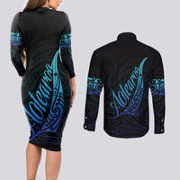 Aotearoa New Zealand Couples Matching Long Sleeve Bodycon Dress and Long Sleeve Button Shirt Koru Fern Blue Gradient LT05 - Polynesian Pride