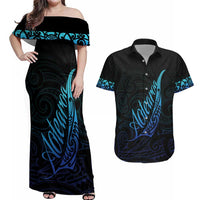 Aotearoa New Zealand Couples Matching Off Shoulder Maxi Dress and Hawaiian Shirt Koru Fern Blue Gradient LT05 Blue - Polynesian Pride