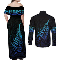 Aotearoa New Zealand Couples Matching Off Shoulder Maxi Dress and Long Sleeve Button Shirt Koru Fern Blue Gradient LT05 - Polynesian Pride
