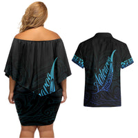 Aotearoa New Zealand Couples Matching Off Shoulder Short Dress and Hawaiian Shirt Koru Fern Blue Gradient LT05 - Polynesian Pride
