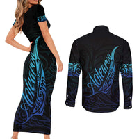 Aotearoa New Zealand Couples Matching Short Sleeve Bodycon Dress and Long Sleeve Button Shirt Koru Fern Blue Gradient LT05 - Polynesian Pride