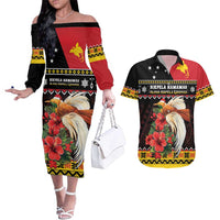 Papua New Guinea Christmas Couples Matching Off The Shoulder Long Sleeve Dress and Hawaiian Shirt Bird Of Paradise Hamamas Krismas LT05 Black - Polynesian Pride