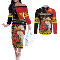 Papua New Guinea Christmas Couples Matching Off The Shoulder Long Sleeve Dress and Long Sleeve Button Shirt Bird Of Paradise Hamamas Krismas LT05 Black - Polynesian Pride