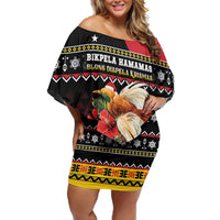 Papua New Guinea Christmas Off Shoulder Short Dress Bird Of Paradise Hamamas Krismas LT05 Women Black - Polynesian Pride