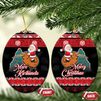 New Zealand Christmas Ceramic Ornament Funny Santa Riding Kiwi Meri Kirihimete LT05 Oval Black - Polynesian Pride