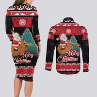 New Zealand Christmas Couples Matching Long Sleeve Bodycon Dress and Long Sleeve Button Shirt Funny Santa Riding Kiwi Meri Kirihimete LT05 - Polynesian Pride