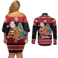 New Zealand Christmas Couples Matching Off Shoulder Short Dress and Long Sleeve Button Shirt Funny Santa Riding Kiwi Meri Kirihimete LT05 - Polynesian Pride