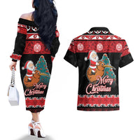 New Zealand Christmas Couples Matching Off The Shoulder Long Sleeve Dress and Hawaiian Shirt Funny Santa Riding Kiwi Meri Kirihimete LT05 - Polynesian Pride