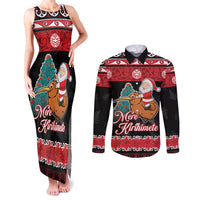 New Zealand Christmas Couples Matching Tank Maxi Dress and Long Sleeve Button Shirt Funny Santa Riding Kiwi Meri Kirihimete LT05 Black - Polynesian Pride