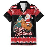 New Zealand Christmas Family Matching Off Shoulder Maxi Dress and Hawaiian Shirt Funny Santa Riding Kiwi Meri Kirihimete LT05 Dad's Shirt - Short Sleeve Black - Polynesian Pride