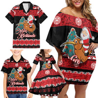 New Zealand Christmas Family Matching Off Shoulder Short Dress and Hawaiian Shirt Funny Santa Riding Kiwi Meri Kirihimete LT05 - Polynesian Pride