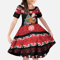New Zealand Christmas Family Matching Short Sleeve Bodycon Dress and Hawaiian Shirt Funny Santa Riding Kiwi Meri Kirihimete LT05 Daughter's Dress Black - Polynesian Pride
