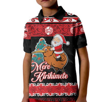 New Zealand Christmas Kid Polo Shirt Funny Santa Riding Kiwi Meri Kirihimete LT05 Kid Black - Polynesian Pride