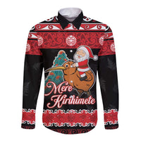 New Zealand Christmas Long Sleeve Button Shirt Funny Santa Riding Kiwi Meri Kirihimete LT05 Unisex Black - Polynesian Pride