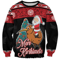 New Zealand Christmas Sweatshirt Funny Santa Riding Kiwi Meri Kirihimete LT05 Unisex Black - Polynesian Pride