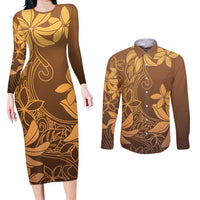 Tiare Tahiti Couples Matching Long Sleeve Bodycon Dress and Long Sleeve Button Shirt Brown Polynesia Motifs LT05 Brown - Polynesian Pride