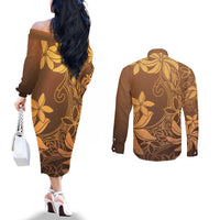 Tiare Tahiti Couples Matching Off The Shoulder Long Sleeve Dress and Long Sleeve Button Shirt Brown Polynesia Motifs LT05 - Polynesian Pride