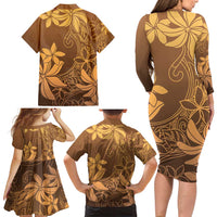 Tiare Tahiti Family Matching Long Sleeve Bodycon Dress and Hawaiian Shirt Brown Polynesia Motifs LT05 - Polynesian Pride