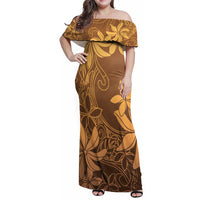 Tiare Tahiti Family Matching Off Shoulder Maxi Dress and Hawaiian Shirt Brown Polynesia Motifs LT05 Mom's Dress Brown - Polynesian Pride
