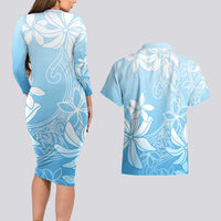 Tiare Tahiti Couples Matching Long Sleeve Bodycon Dress and Hawaiian Shirt Blue Polynesia Motifs LT05 - Polynesian Pride