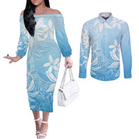 Tiare Tahiti Couples Matching Off The Shoulder Long Sleeve Dress and Long Sleeve Button Shirt Blue Polynesia Motifs LT05 Blue - Polynesian Pride