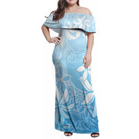 Tiare Tahiti Family Matching Off Shoulder Maxi Dress and Hawaiian Shirt Blue Polynesia Motifs LT05 Mom's Dress Blue - Polynesian Pride