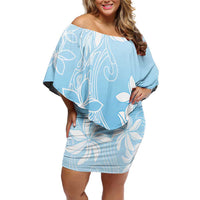 Tiare Tahiti Family Matching Off Shoulder Short Dress and Hawaiian Shirt Blue Polynesia Motifs LT05 Mom's Dress Blue - Polynesian Pride