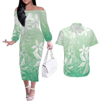 Tiare Tahiti Couples Matching Off The Shoulder Long Sleeve Dress and Hawaiian Shirt Matcha Polynesia Motifs LT05 Green - Polynesian Pride